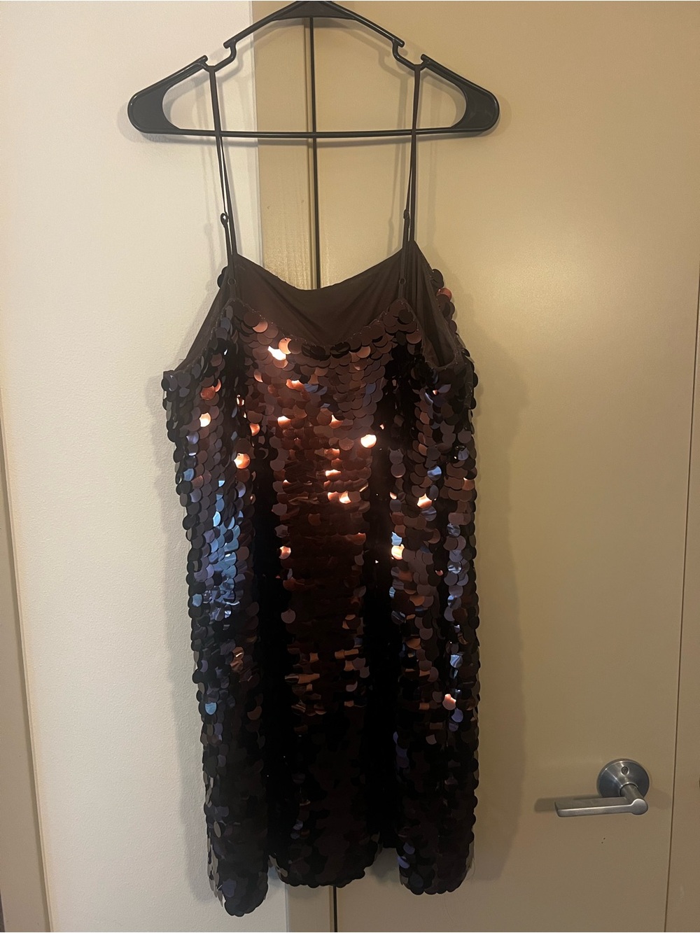 Dark Brown Sequined Spaghetti Strap Mini Dress